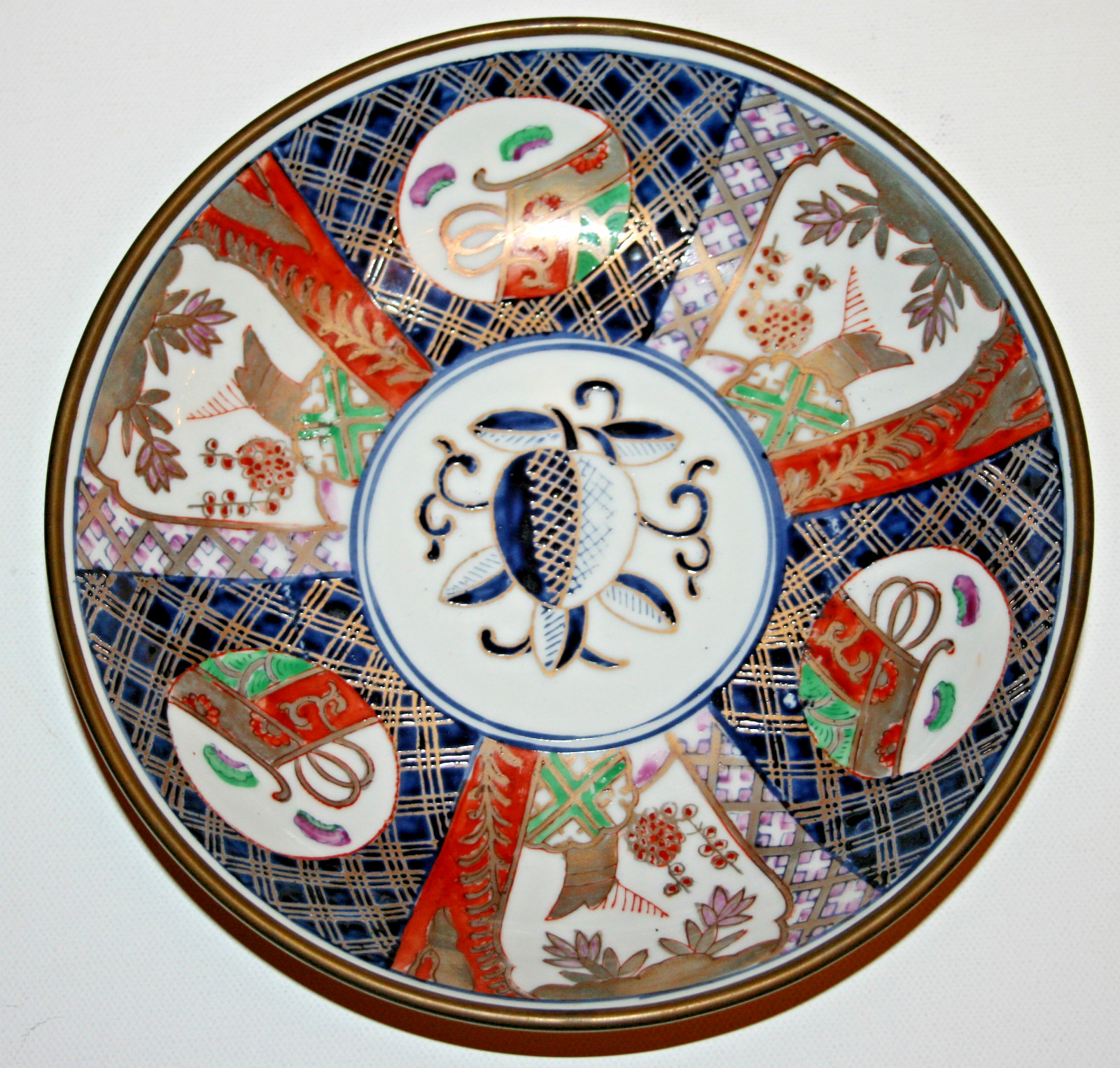 1970s A.C.F. IMARI JAPANESE Porcelain Ware Brass Cased Bowl Apple Blue/White/Red