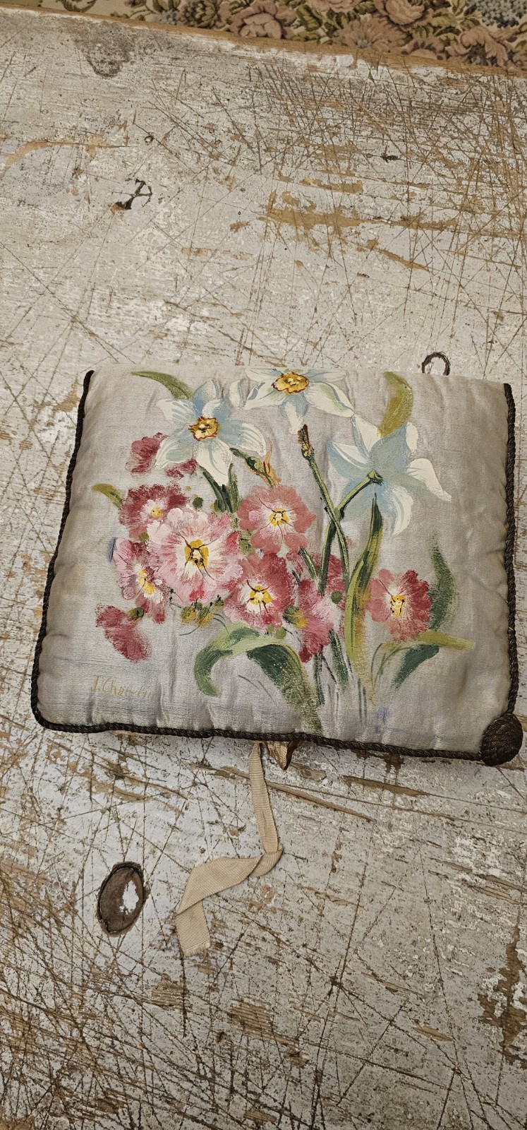 Antique French Silk Padded Boudoir Pochette: Handpainted Flowers
