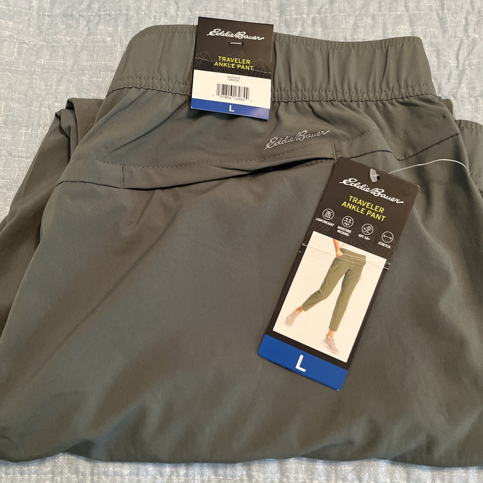 Eddie Bauer Pants Womens Large Green Traveler Ankle Pant Lightweight UPF 50+ NEW