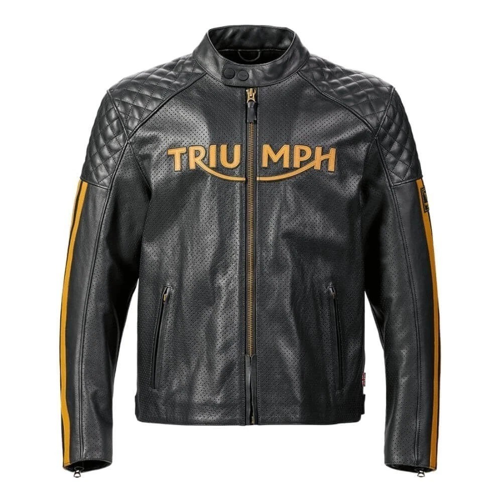 Mens Triumph Braddan Black Motorcycle Air Racer Cowhide Leather Biker Jacket