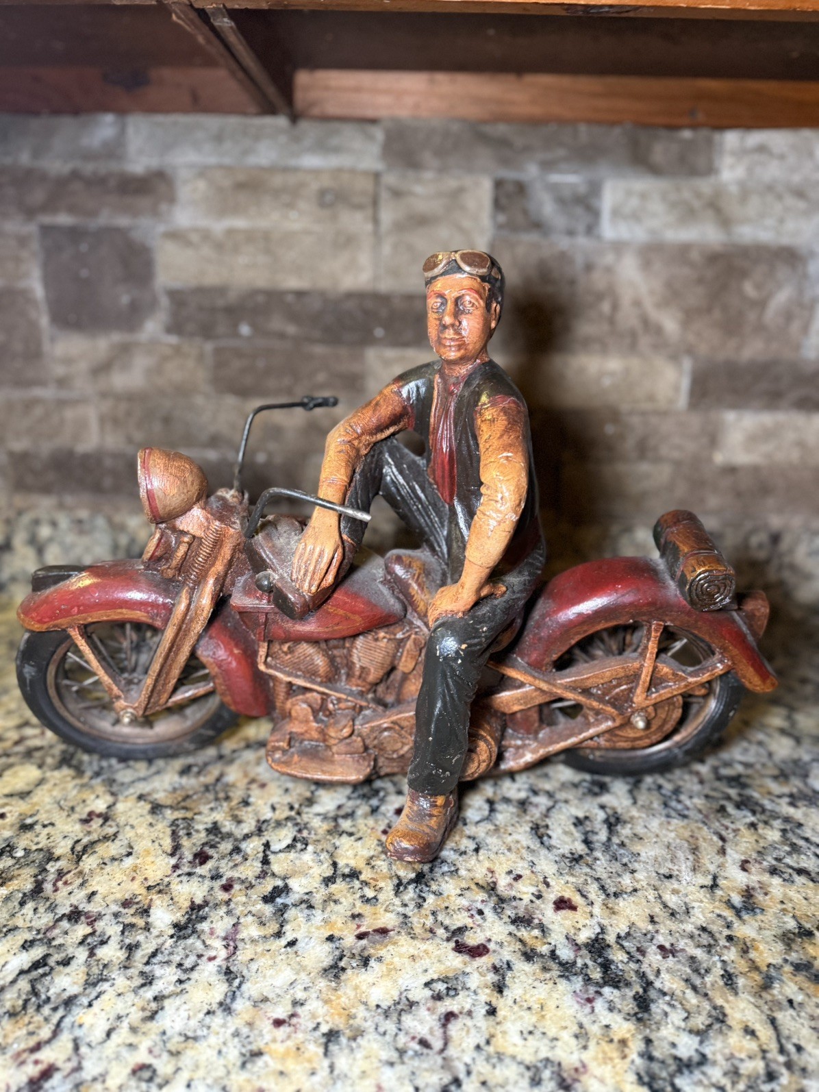 RARE VTG Resin Retro Biker Motorcycle Statue  Harley Davidson Panhead Orig Paint