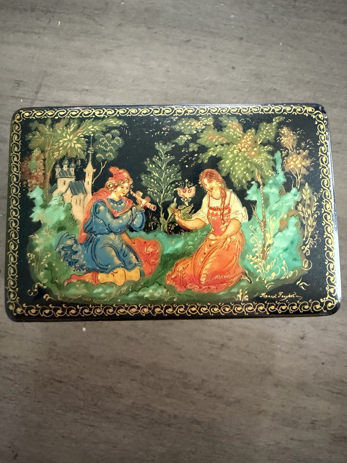 Vintage Russian Palekh Style Lacquer Box Hand Painted Signed Folk Art