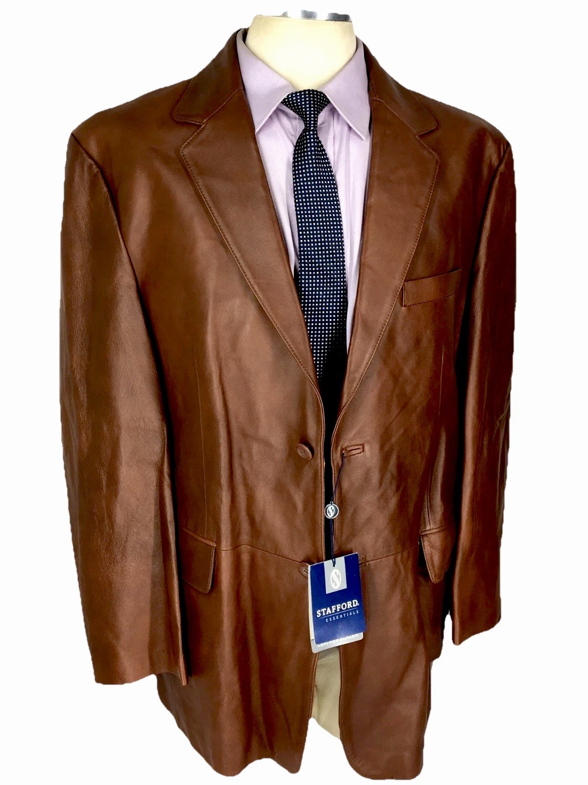 NWT Stafford Essentials Genuine Leather 2 Button Blazer Sport Coat Cognac Large