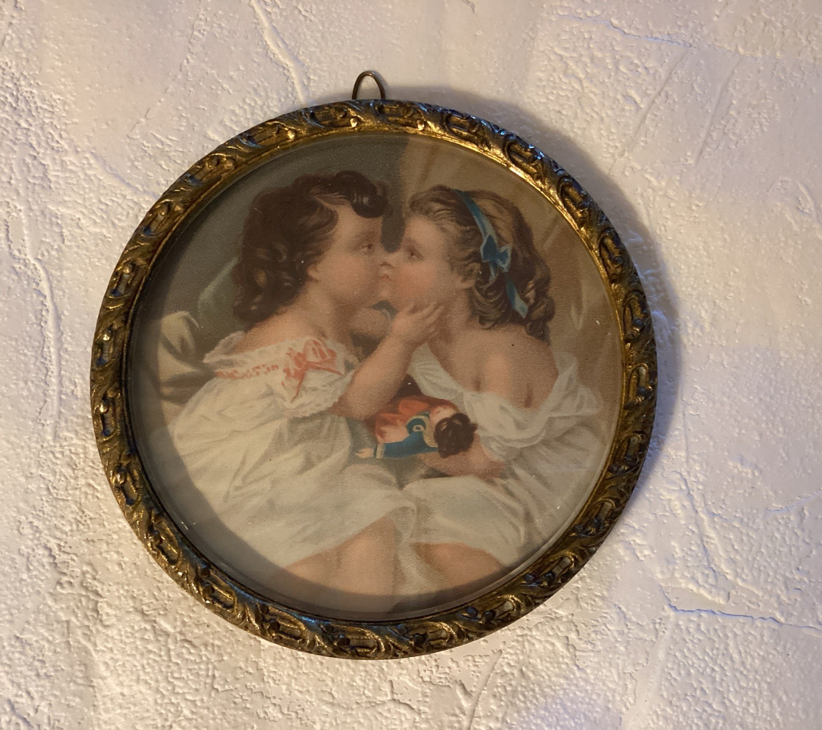 Antique French Round Gilded Bronze Photo Frame with Beveled Glass - 6” diameter