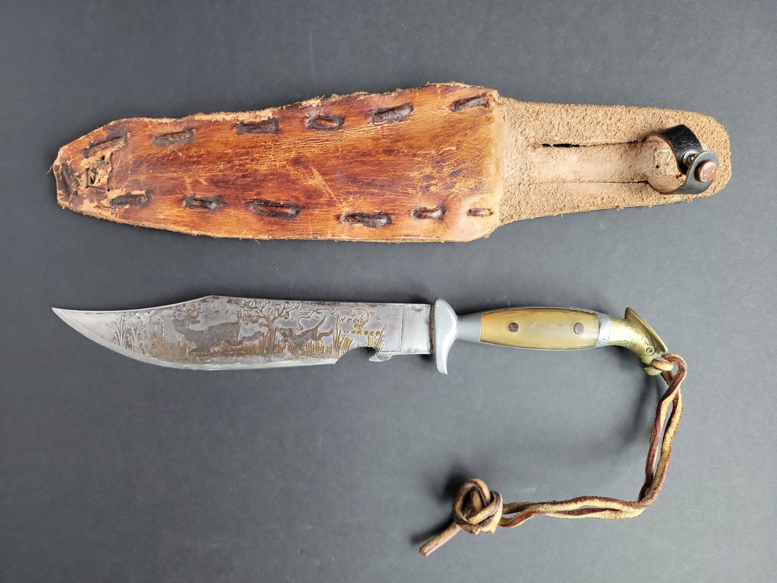 Vtg Oaxaca Mexico Engraved Bowie Knife Bird Head Horn Handle & Sheath ~11.75\