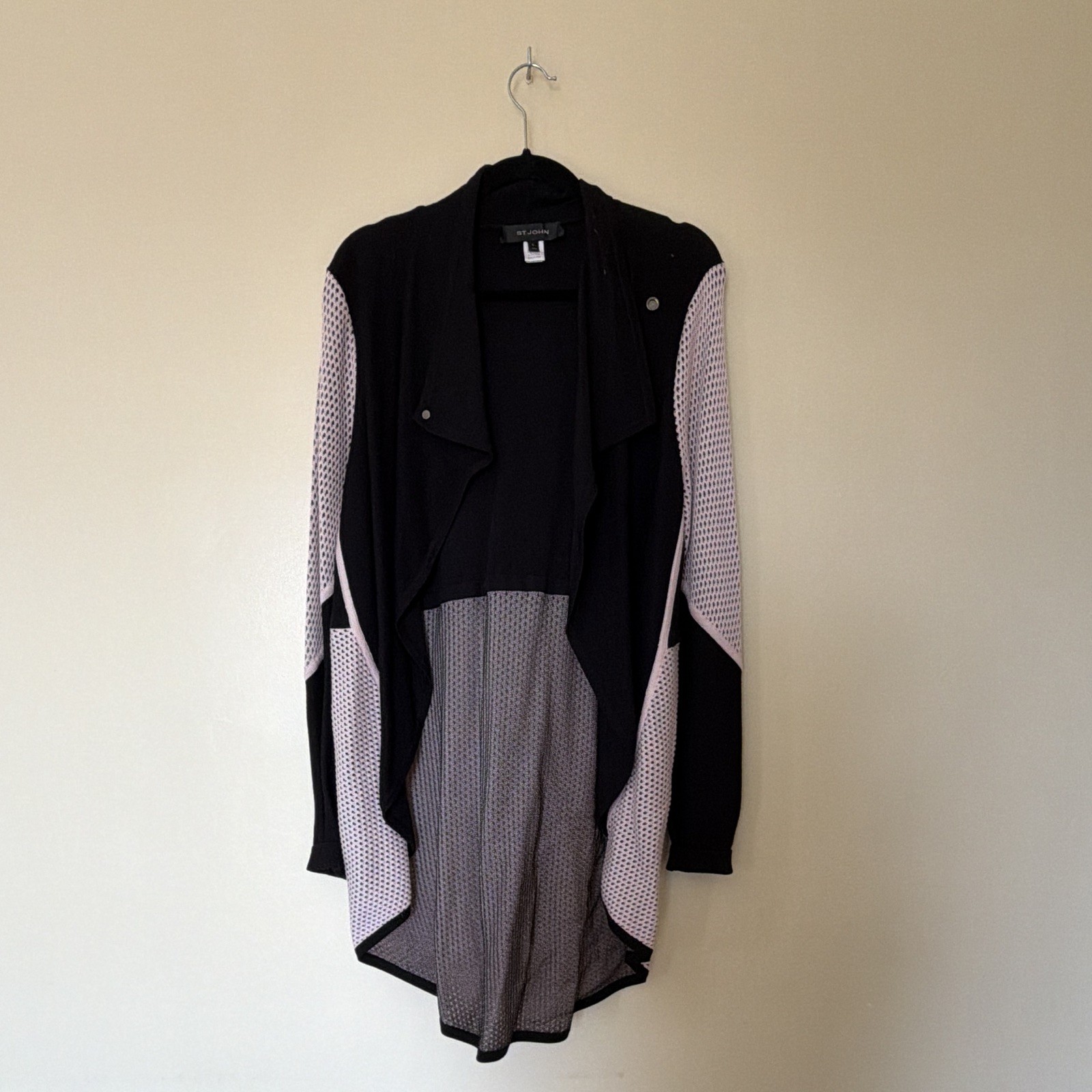 St John Pink Size Large Mesh And Black Long Jacket Sweater Length 34in
