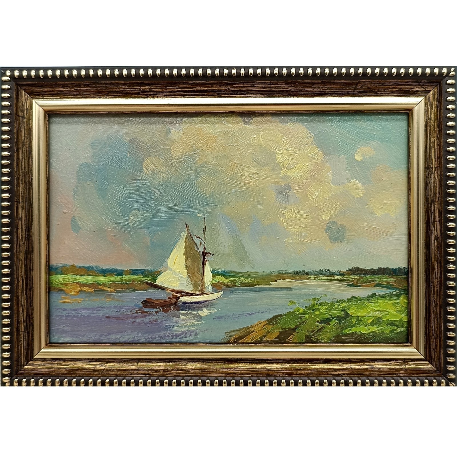 Sailboat River Landscape Original Oil Painting 6x4 Framed Signed Sailing Art Gif