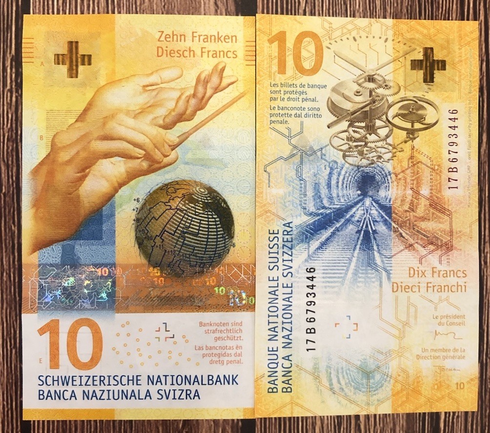 Switzerland 10 Francs. One Authentic Circulated Swiss Bill. Random Serial.