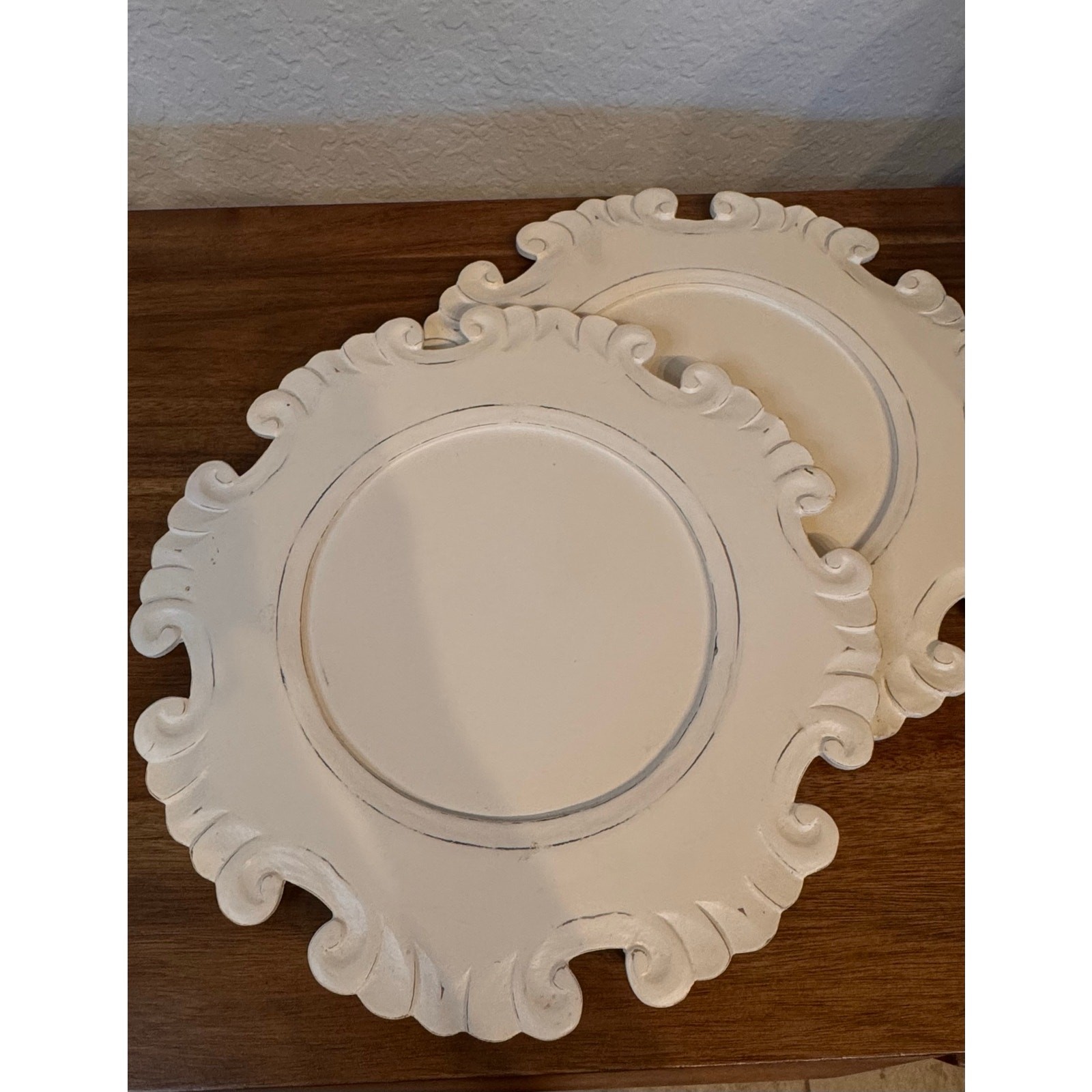 Set of 2 Discontinued Pier 1 Baroque Distressed White Wood Chargers