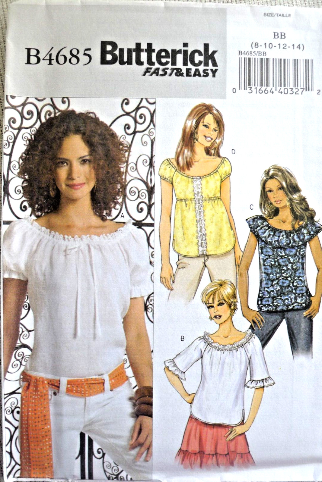 Butterick B4685 Fast & Easy Peasant Blouse Sewing Pattern, 4 Styles Size 8-14