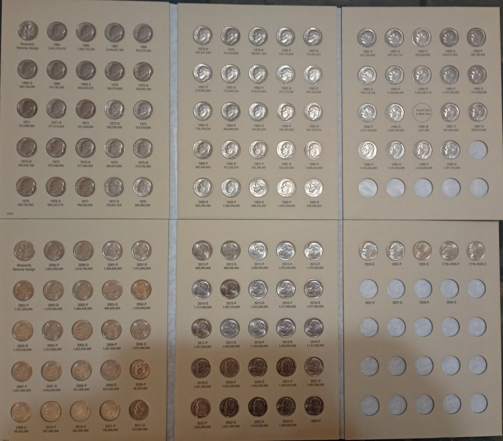COMPLETE SET OF ROOSVELT DIME-1965-2026-P&D IN TWO NEW COIN FOLDERS CIR- GEM UNC