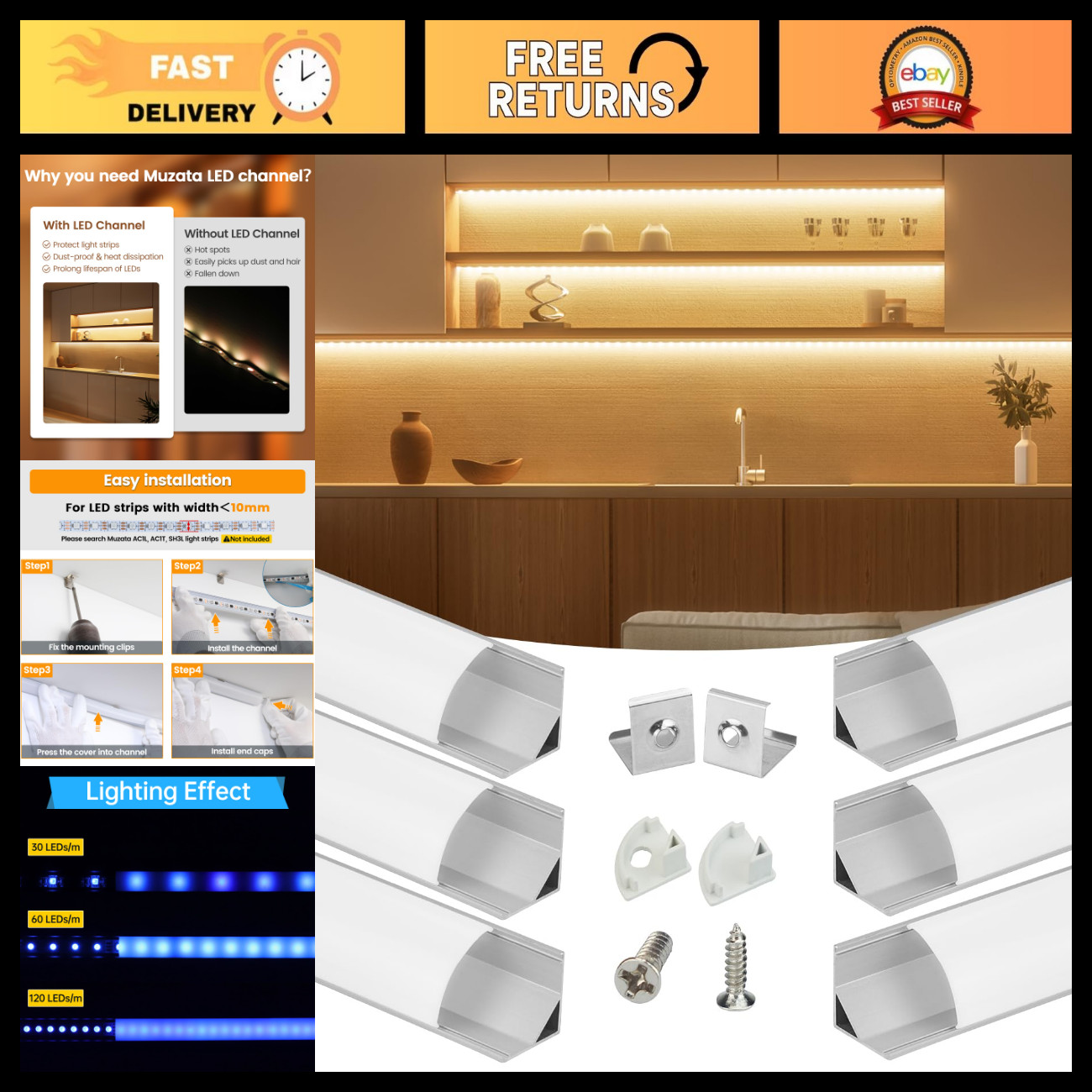6-Pack 3.3FT Silver V-Shape Corner LED Channel with Milky Cover - Warm White