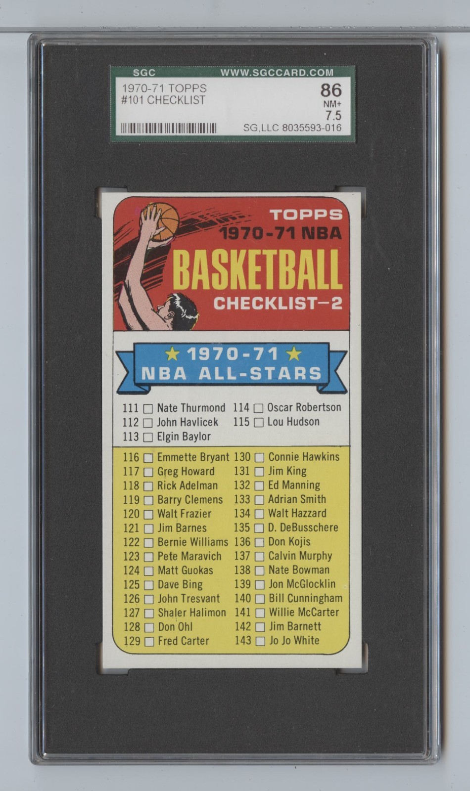1970 Topps Check List #101 SGC 7.5 1970 Topps Check List #101 SGC 7.5