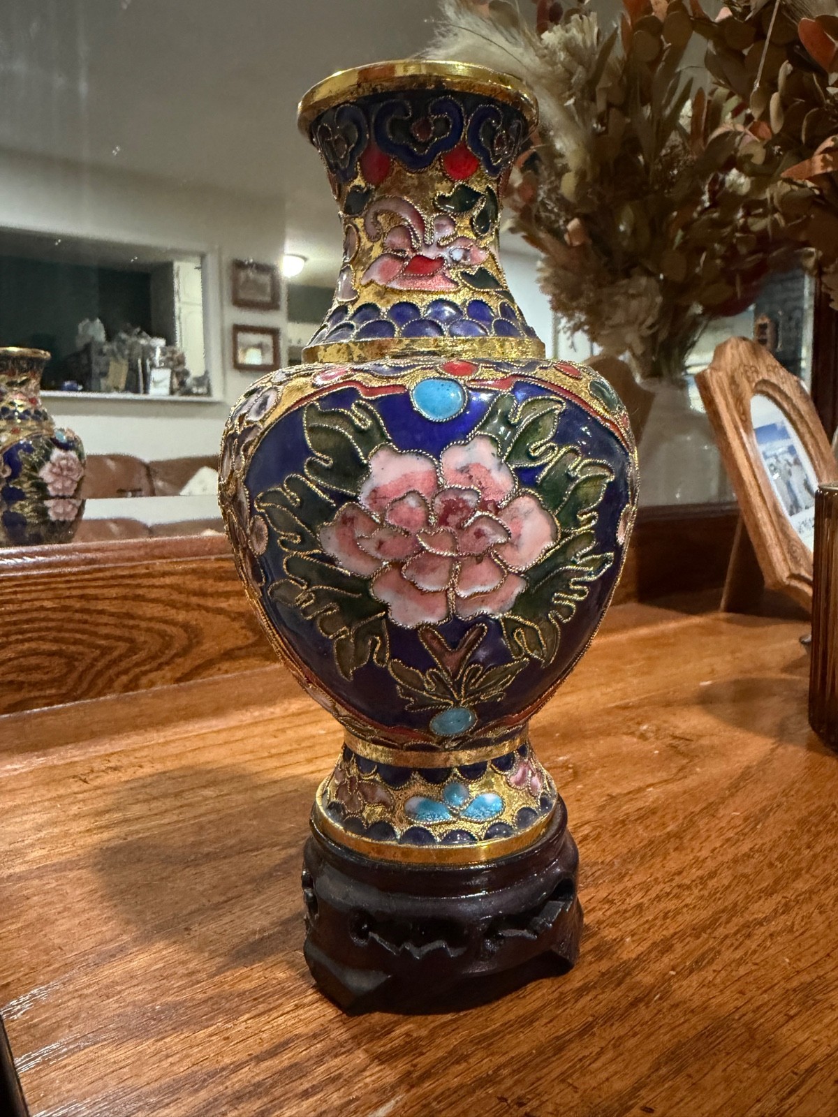 Vintage Chinese Cloisonne Enamel Vase - 6” Tall - Blue Brass Floral Peony Vase Vintage Chinese Cloisonne Enamel Vase - 6” Tall - Blue Brass Floral Peony Vase