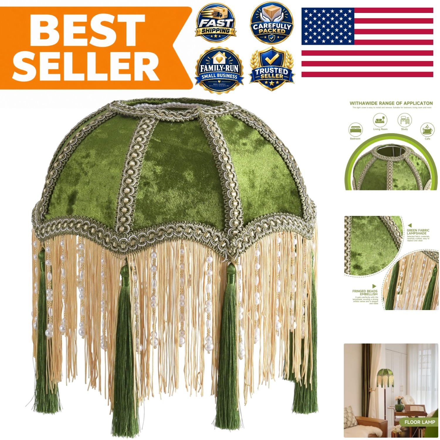 Elegant Olive Green Bell-Shaped Victorian Lampshade with Tassels - 9.8\