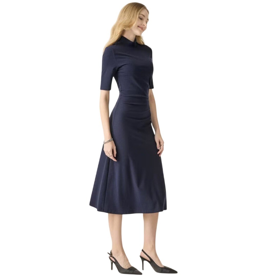 OGL Women\'s Navy Blue Ruched Mock Neck Half Sleeve Midi Dress Size Small