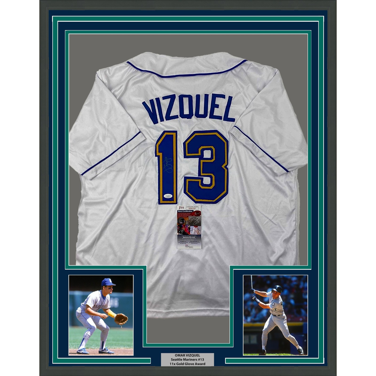 Framed Autographed/Signed Omar Vizquel 35x39 Seattle White Jersey JSA COA