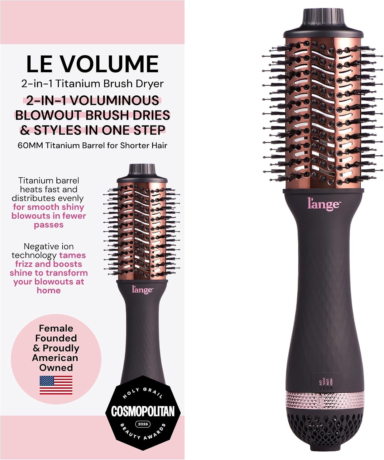 L\'ANGE Le Volume 60mm 2-in-1 Titanium Hot Air Brush Dryer Black (Open Box)
