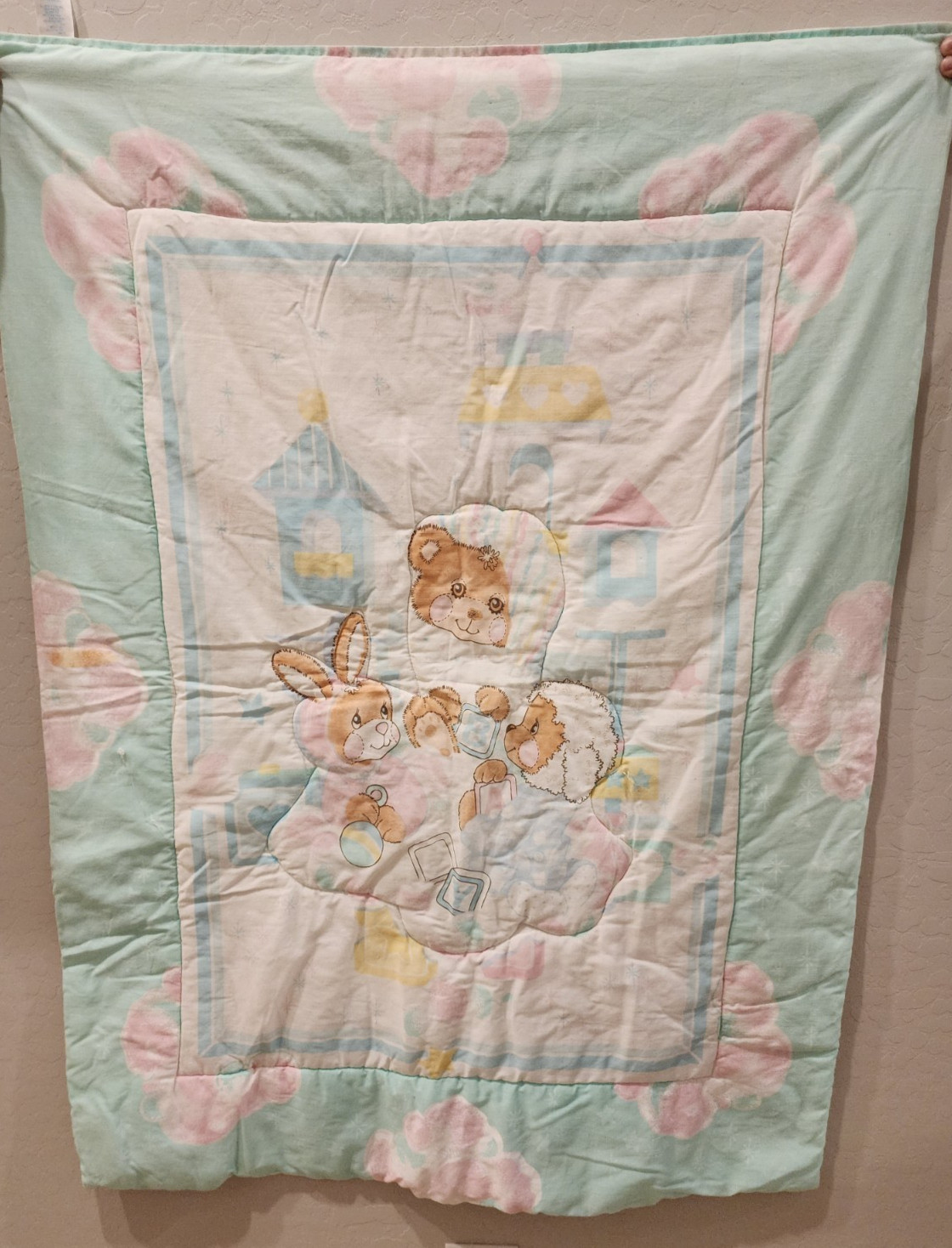 Vtg Riegel Beddy Bear Bunny Lamb Clouds Stars Baby Comforter Blanket Teddy 80s 