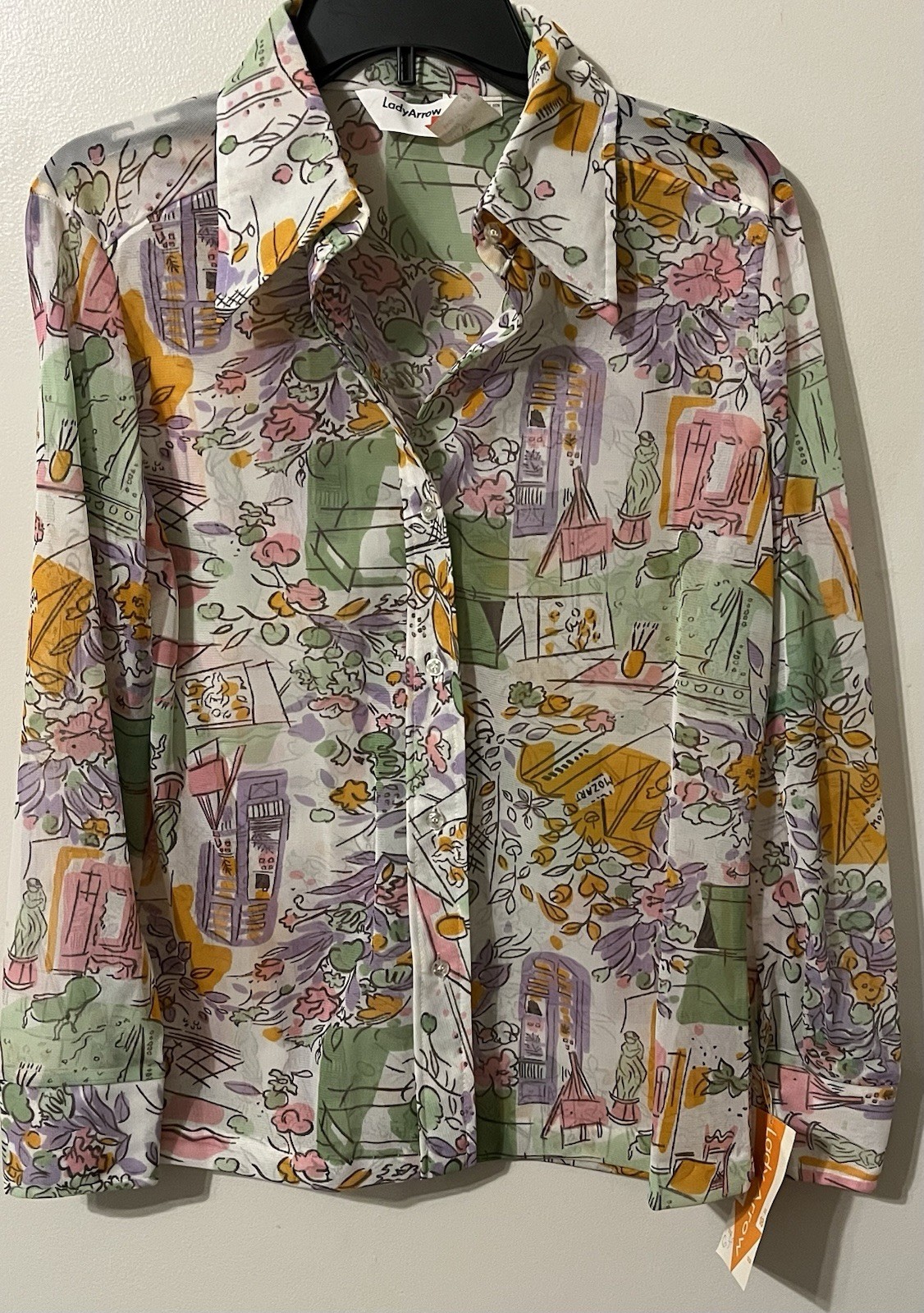 Vtg 70s Lady Arrow Blouse NWT Deadstock Dagger Collar Art Print Mozart Sz 18 L