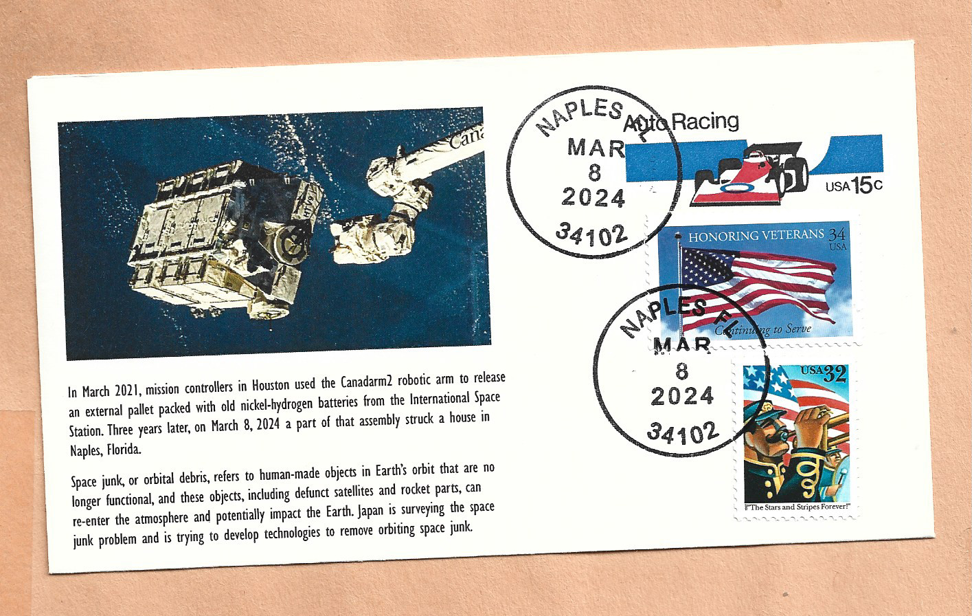 CANADARM2 ROBOTIC ARM RELEASE PALLET MAR 8,2024 NAPLES FL SPACE COVER NASA CANADARM2 ROBOTIC ARM RELEASE PALLET MAR 8,2024 NAPLES FL SPACE COVER NASA