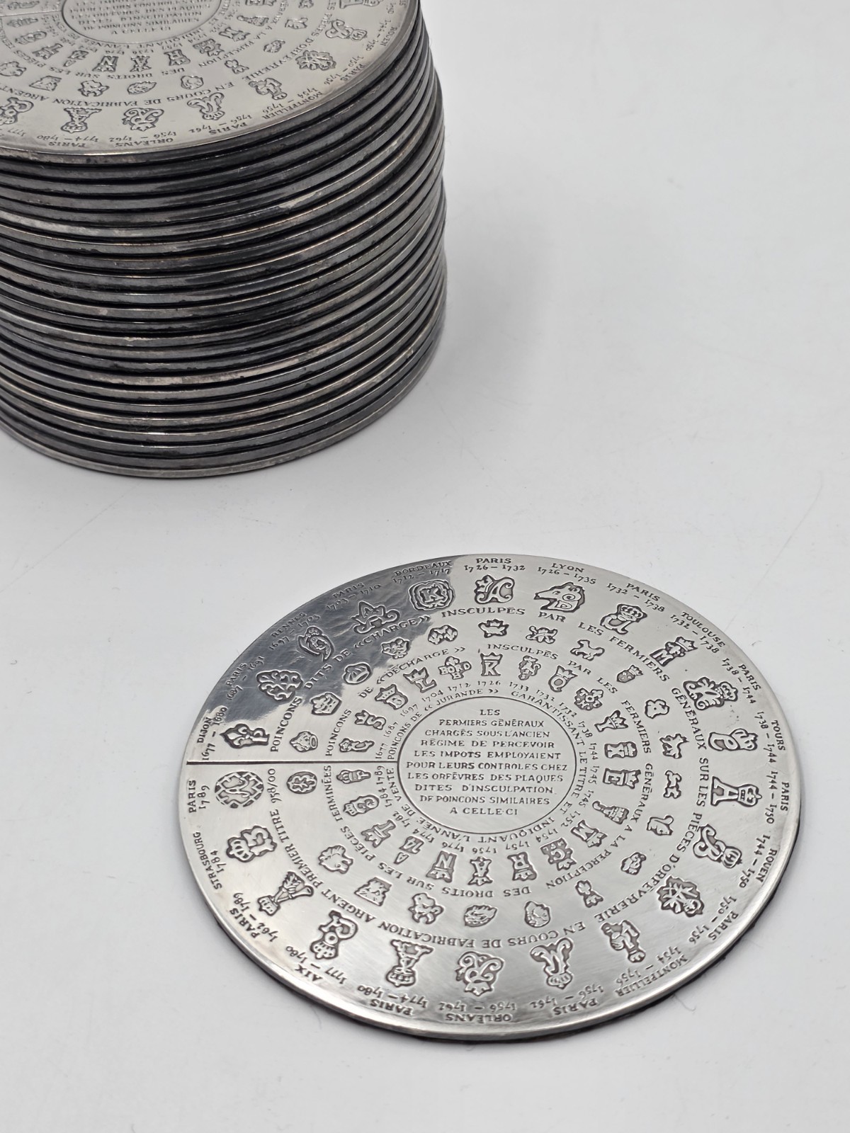 Rare Vintage Christofle Fermiers Generaux Silver Plated Hallmark Coaster. Each Rare Vintage Christofle Fermiers Generaux Silver Plated Hallmark Coaster. Each