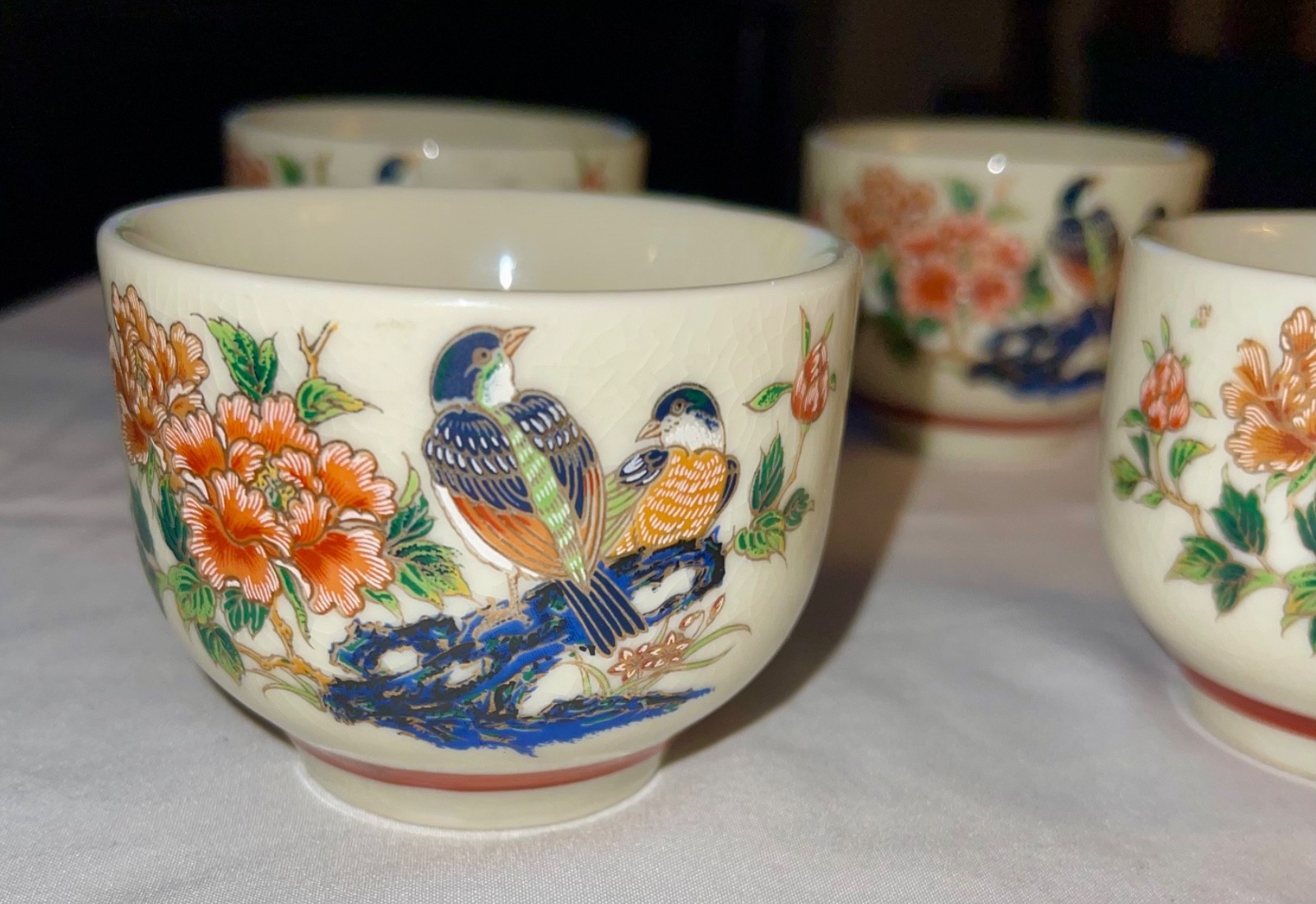 Vintage Japanese Kutani ware Set of 4 Sake Cups Bird/Flower Signed Hand-painted Vintage Japanese Kutani ware Set of 4 Sake Cups Bird/Flower Signed Hand-painted