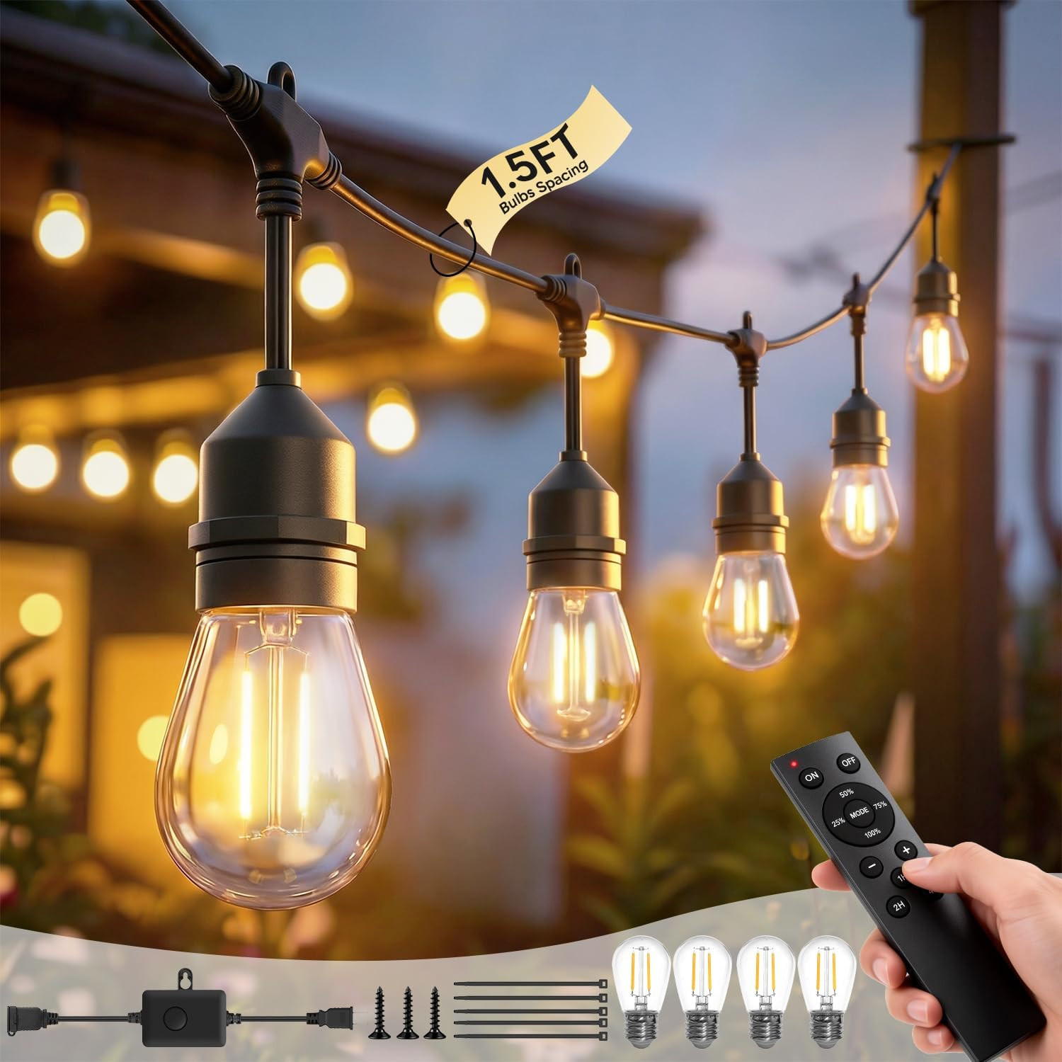100FT S14 Outdoor String Lights, 64+4 Shatterproof Bulbs 2W, 1.5FT Spacing IP65 100FT S14 Outdoor String Lights, 64+4 Shatterproof Bulbs 2W, 1.5FT Spacing IP65