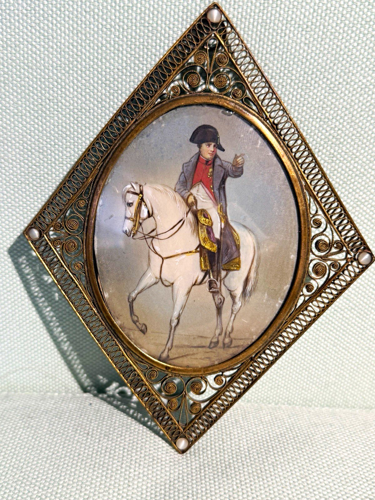 Antique Napoleonic Miniature Portrait Napoleon on Horse Filigree Bronze Frame