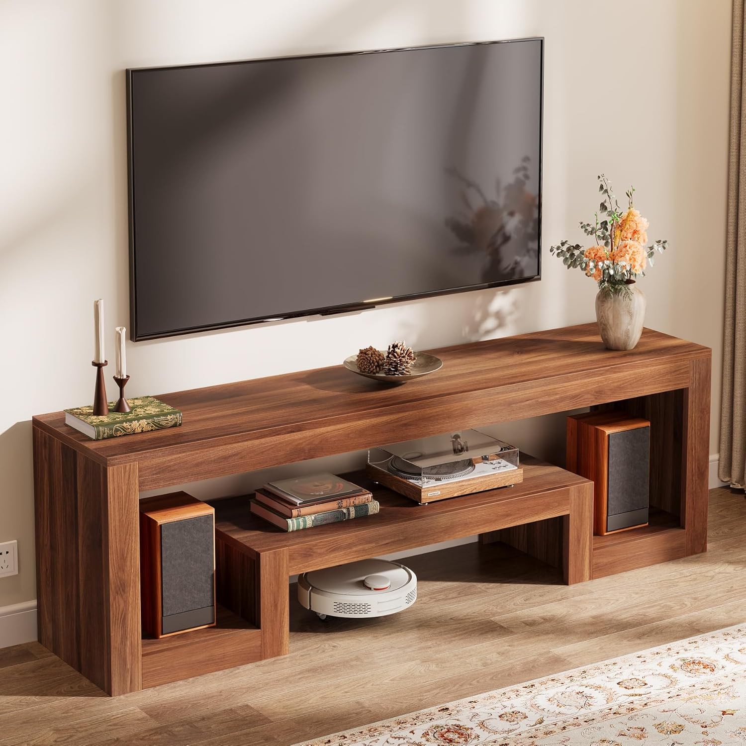 63-Inch Farmhouse TV Stand with Open Storage Shelves for 55/60/65/75-Inch TVs