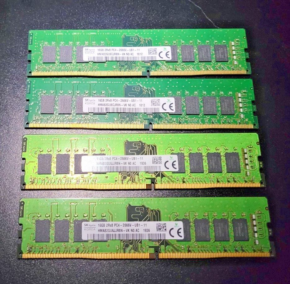 64GB (4x16GB) SK hynix PC4-2666V HMA82GU6CJR8N-VK 16GB UDIMM DDR4 Desktop Memory 64GB (4x16GB) SK hynix PC4-2666V HMA82GU6CJR8N-VK 16GB UDIMM DDR4 Desktop Memory