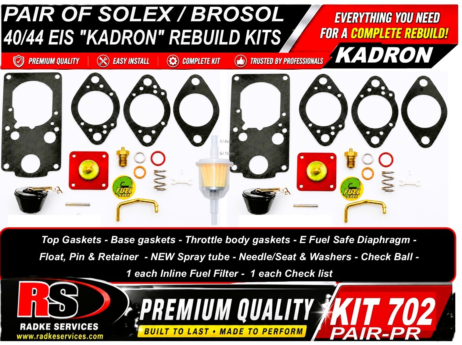 PAIR Kadron Brosol/Solex H40/44EIS Carb Rebuilds W/NEW SPRAY TUBES RADKE  PR 702