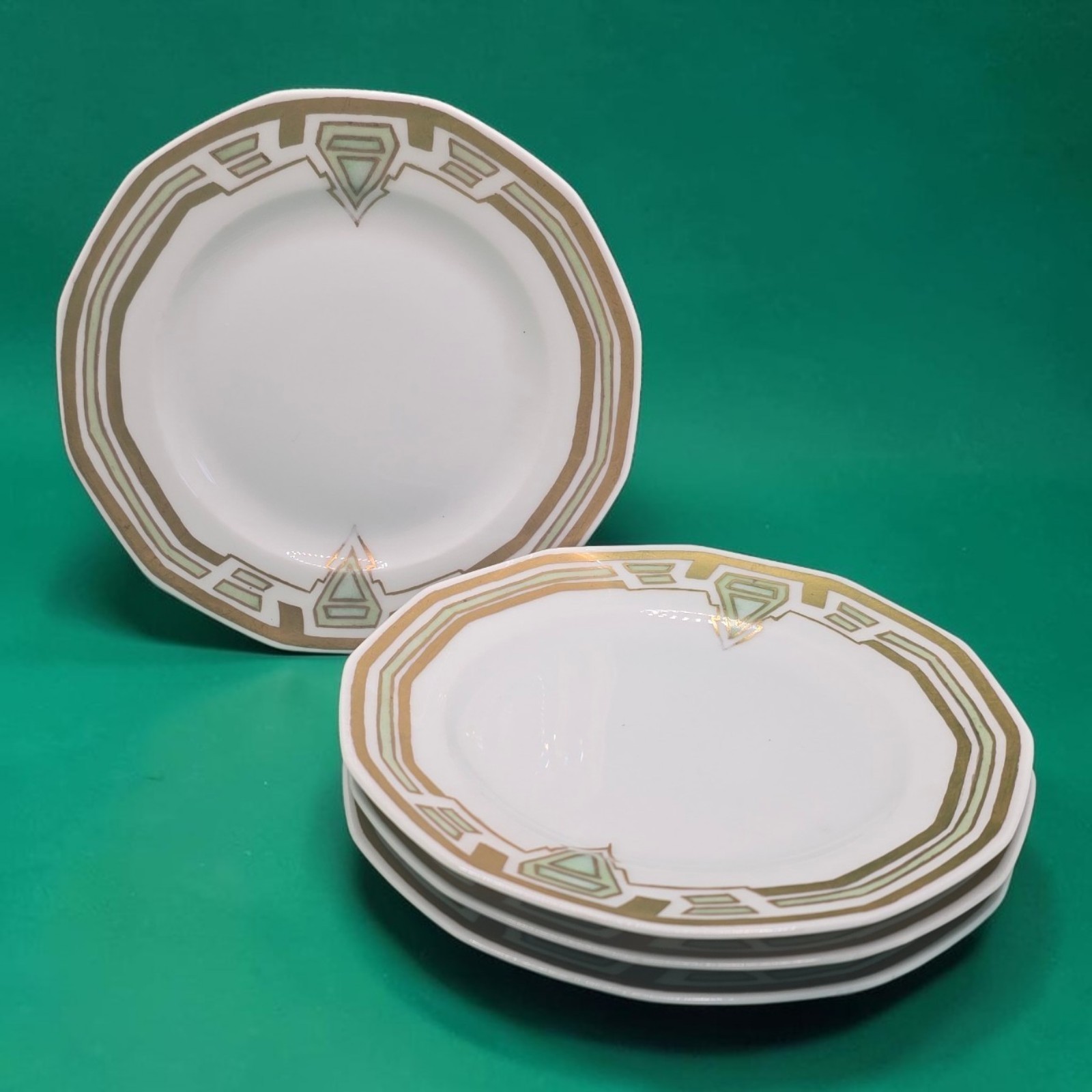 Four Antique 1910s Art Deco Bread Plates Hand Painted Porcelain 6\