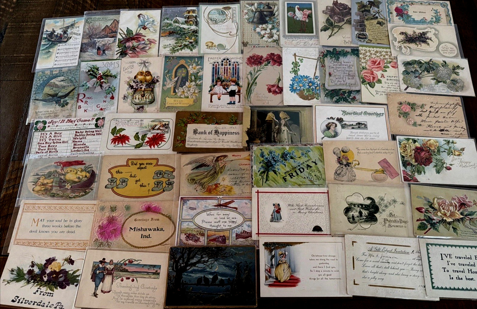 ~Lot of 43 Antique 1900's~Mixed Topics Greetings Postcards~All with stamps-s598