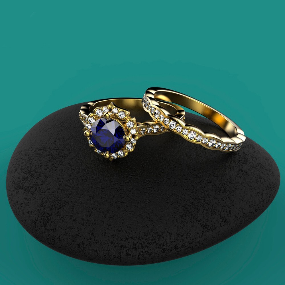 2.31 Ct Round Natural Sapphire Diamond Engagement Ring 14K Yellow Gold Size 6