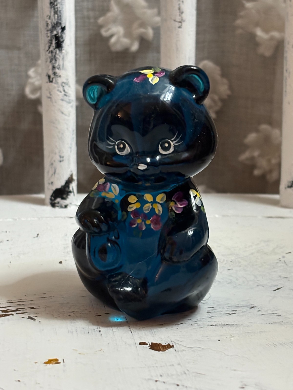 Vintage Fenton Cobalt Sitting Bear, Hand Painted and Signed-3.5\