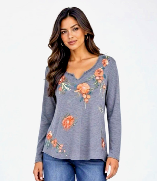 NWT Caite Kyla Seo Mollie Top Gunmetal Blue Floral Embroidered S Small NWT Caite Kyla Seo Mollie Top Gunmetal Blue Floral Embroidered S Small