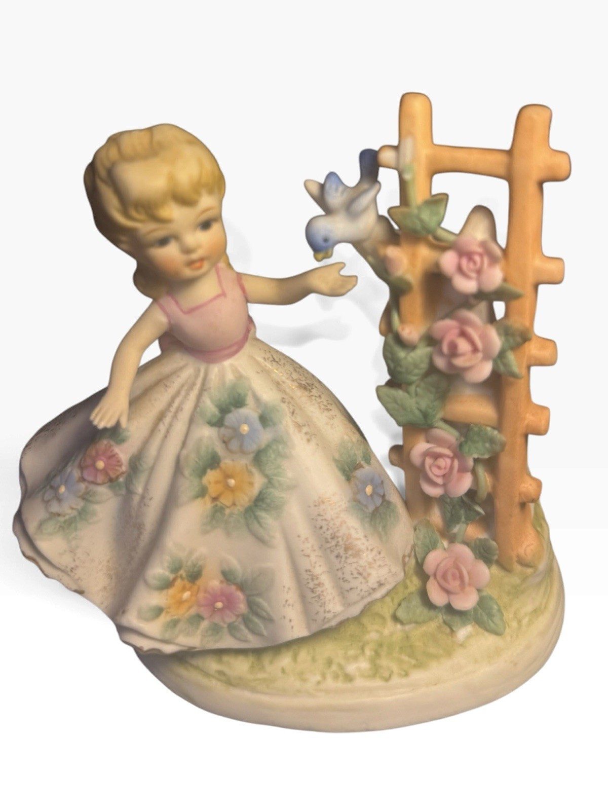 VTG Lefton Girl Figurine KW1700 Bluebird & Trellis Hand Painted Japan c.1950 VTG Lefton Girl Figurine KW1700 Bluebird & Trellis Hand Painted Japan c.1950