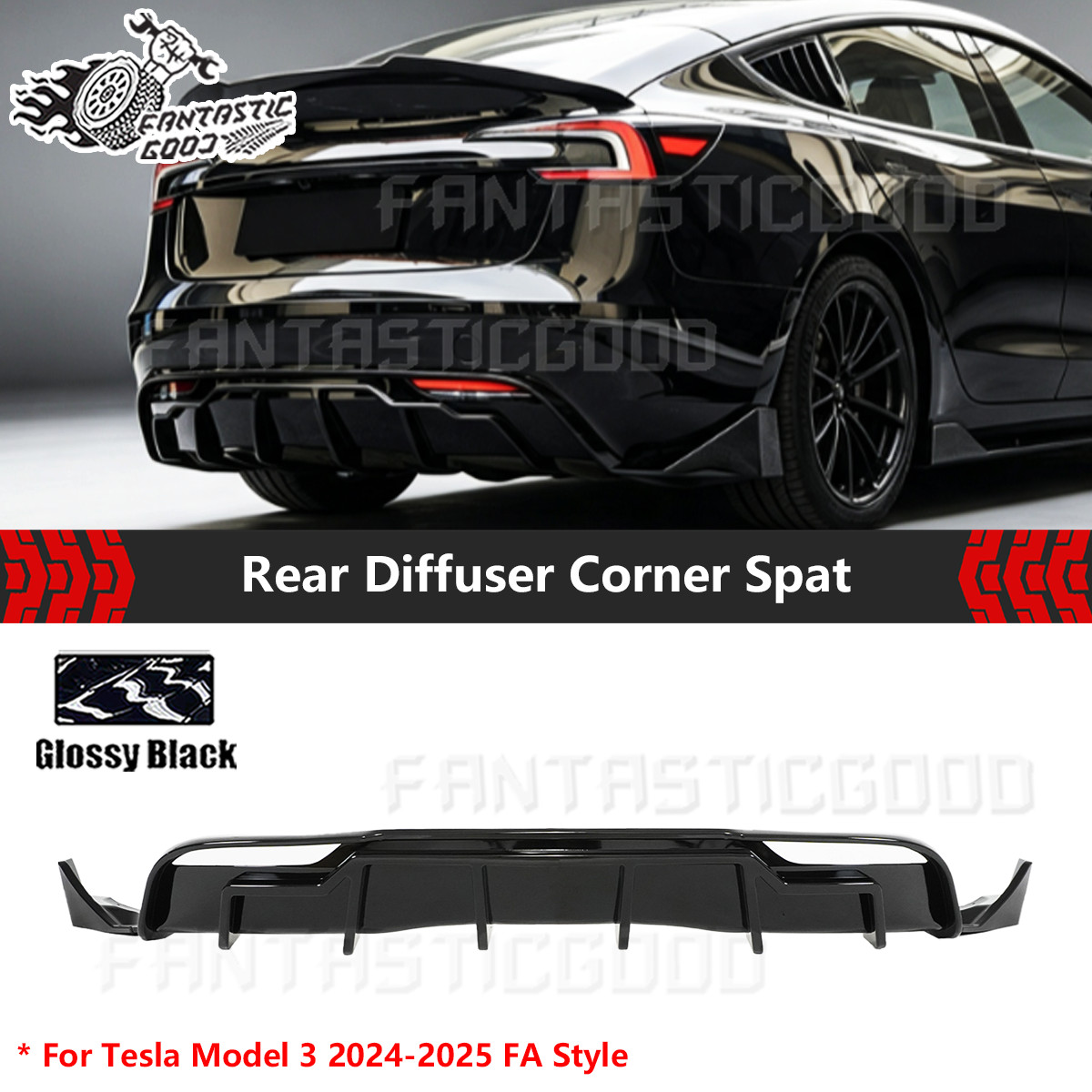 For Tesla Model 3 24-25 FA Style Shark Fin Rear Diffuser Corner Spat Gloss Black