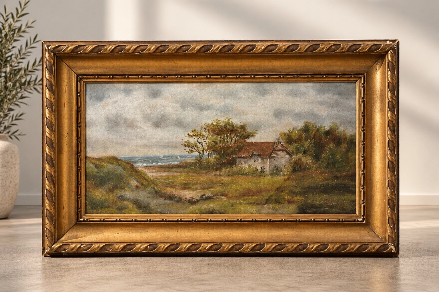 Antique Coastal Landscape Cottage Painting Signed Pastel Art Dated March 1944