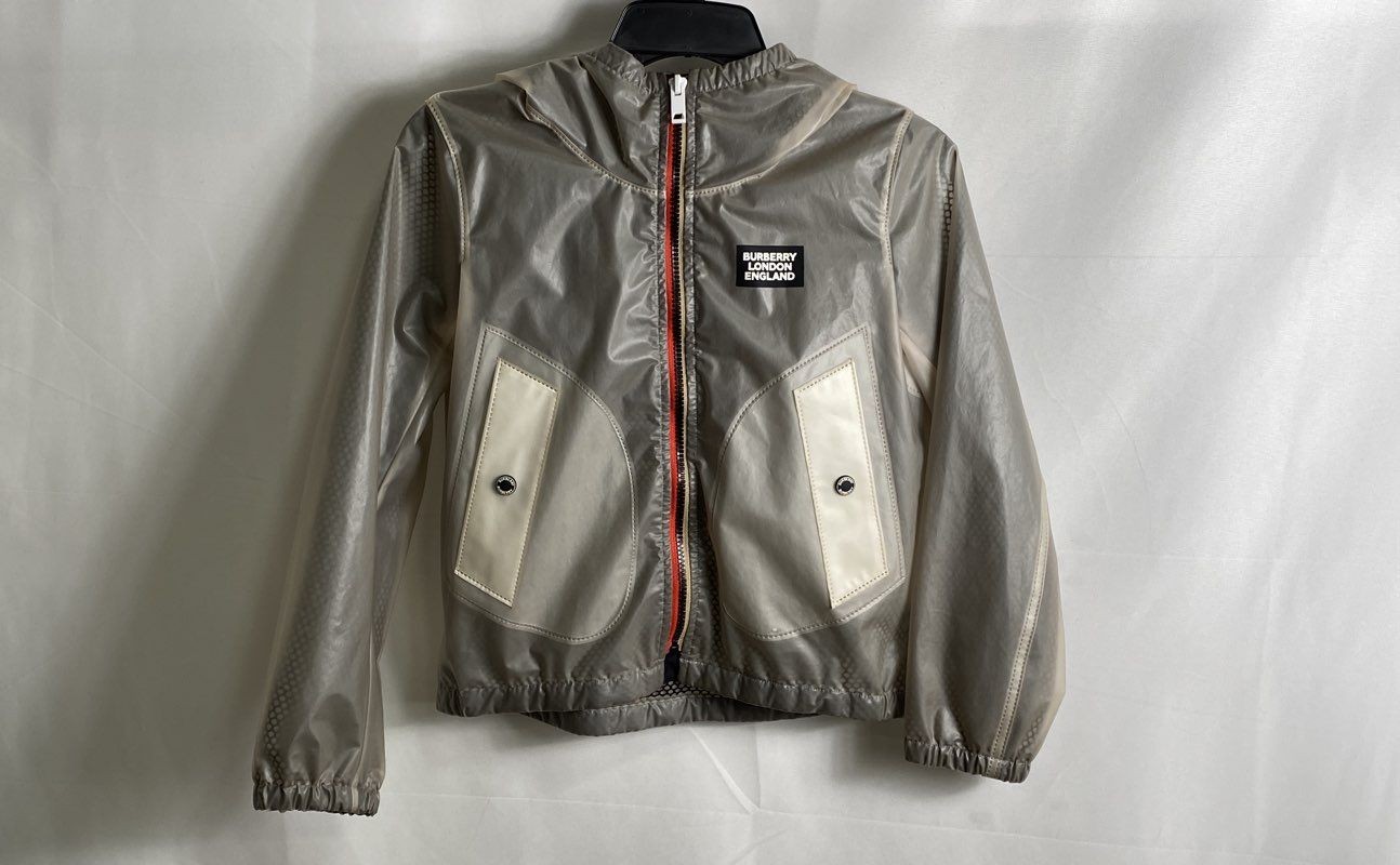 Burberry Kids Gray Hooded Polyurethane Windbreaker Jacket London England Sz 10Y
