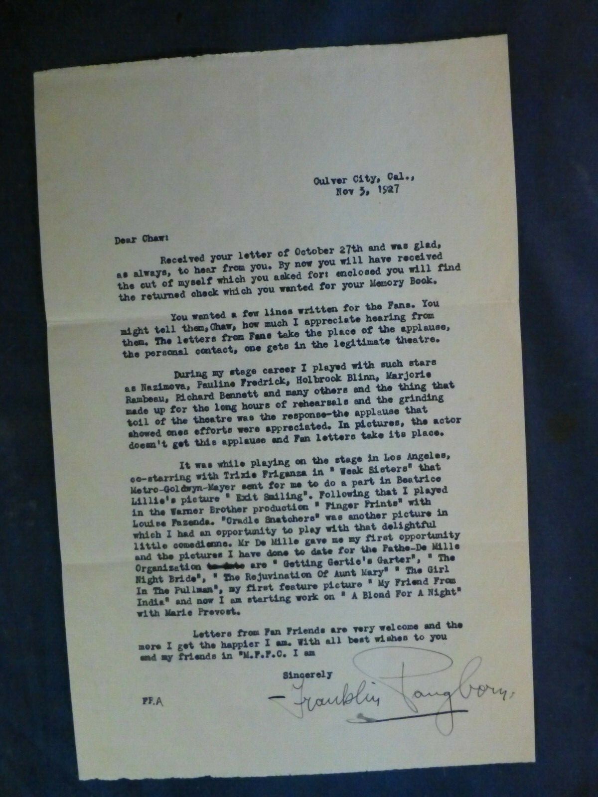 Franklin Pangborn Signed Letter Dated Nov. 5th 1927 with COA