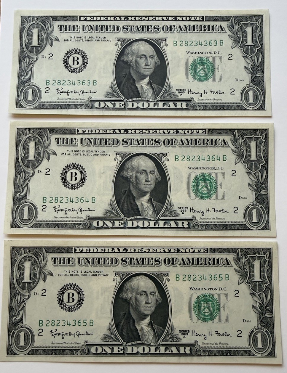 1963 A One Dollar Bill Lot of (3) Consecutive Serial Numbers Uncirculated BU 1963 A One Dollar Bill Lot of (3) Consecutive Serial Numbers Uncirculated BU