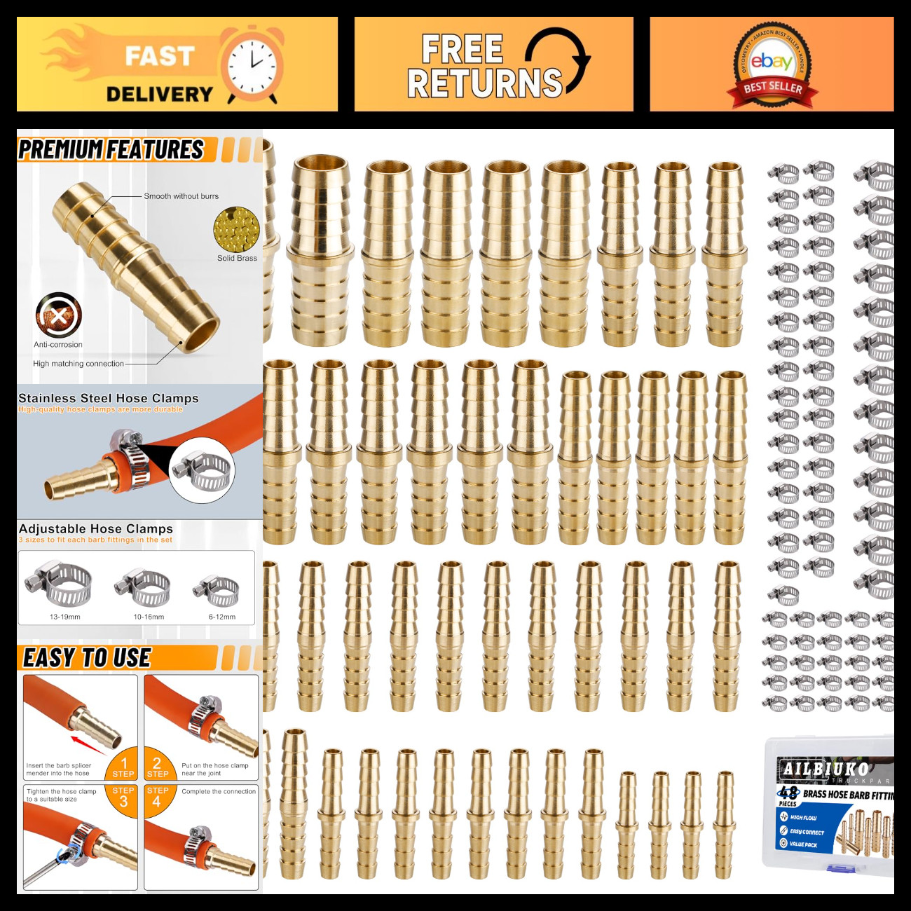 48PCS Brass Hose Barb Splicer Mender Fittings + Pipe Clamps for Garden Hoses