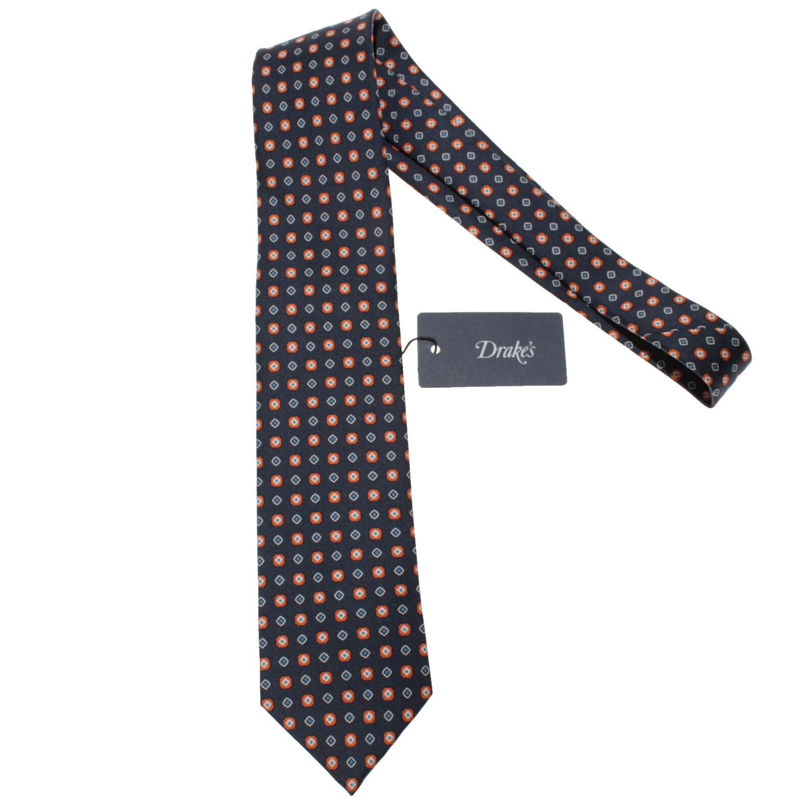 Drake\'s NWT Neck Tie in Navy with Orange/Blue/White Geometric Pattern 100% Silk
