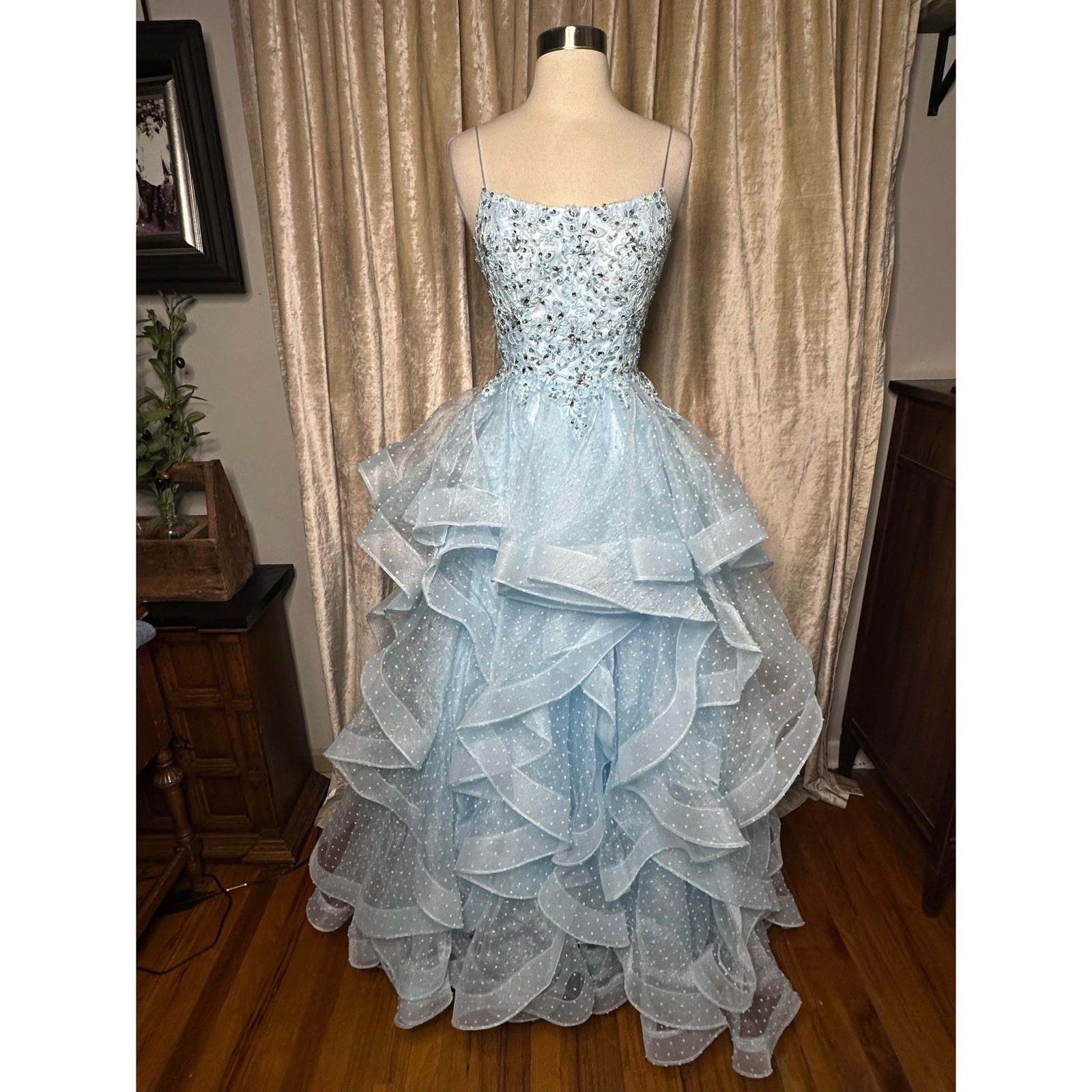 VTG Sherri Hill Swiss Dot Tiered Gown Size 2 Blue Jeweled Corset Bodice Pageant