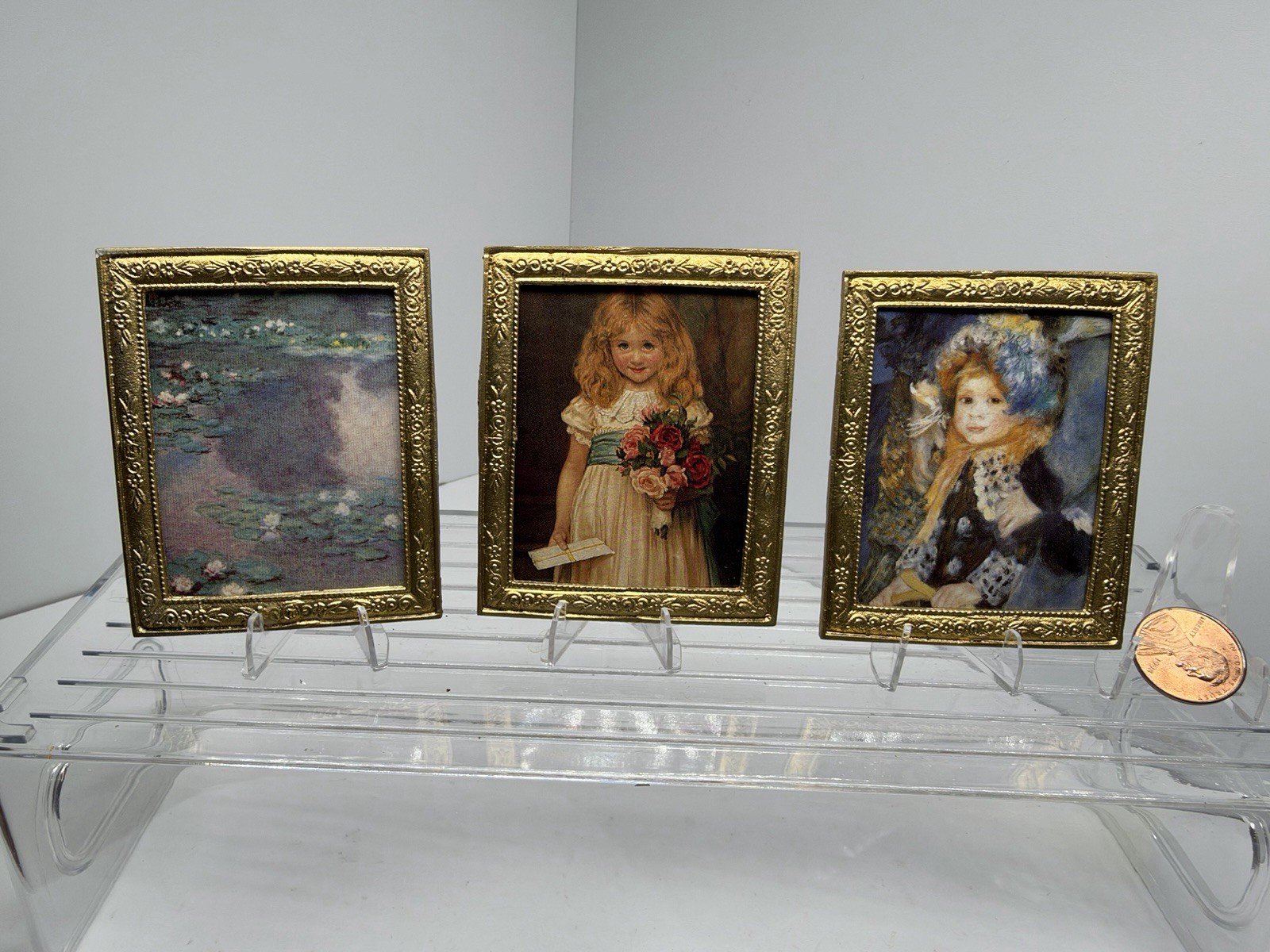 Vtg Dollhouse Miniatures Decor Wall Art~3 pc~Gold Metal Framed Art Works 1:12
