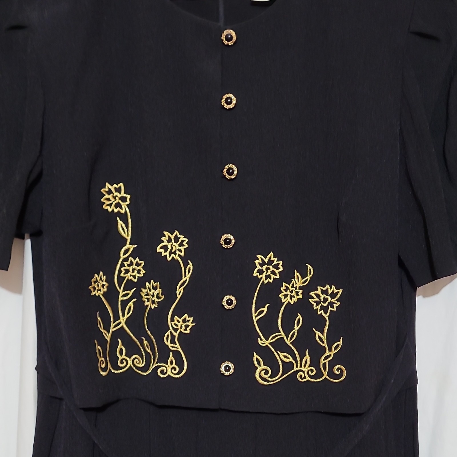 Vtg Miss Dorby Black Gold Embroidered Dress 16 Mock 2pc Whimsigoth Rayon 90s