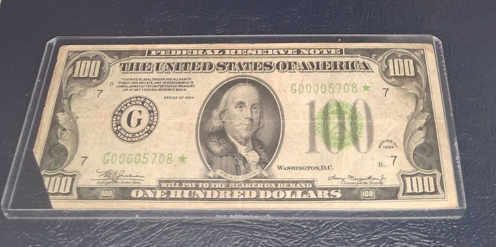 1934 $100 Federal Reserve Star Note Very Rare, Series A, & Low Serial No.
