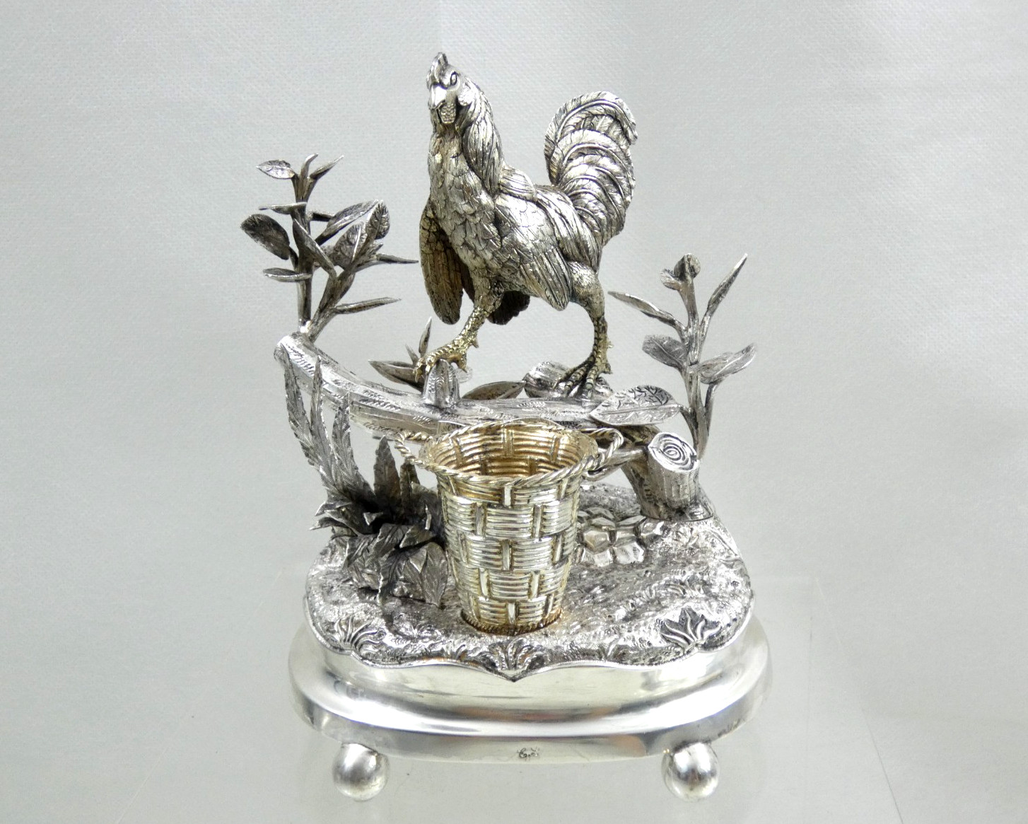 ANTIQUE SWISS SILVER FIGURAL DESK ORNAMENT ROOSTER Provincial Switzerland 18cent